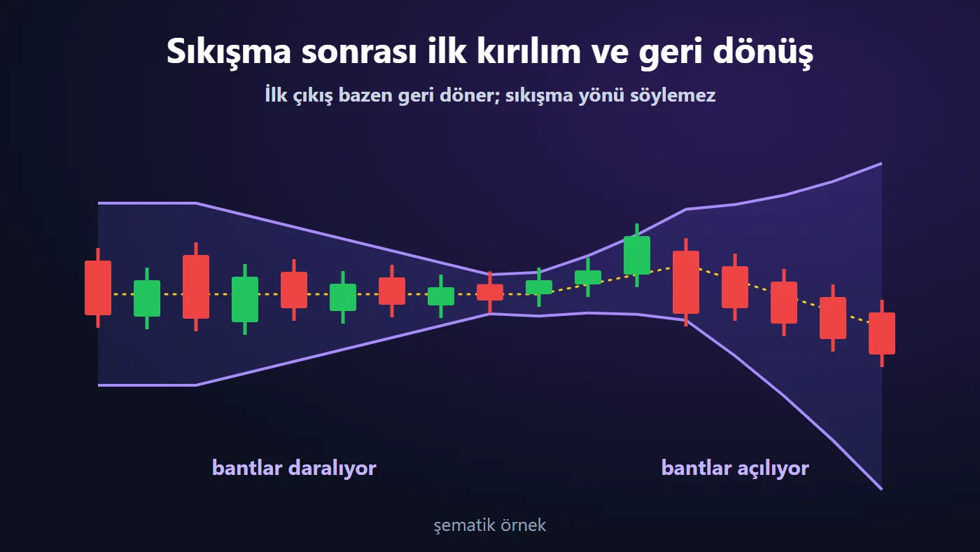 Sıkışma sonrası ilk çıkışın yukarı yönlü başlayıp geri döndüğü ve fiyatın aşağı yöne ilerlediği şematik mum grafiği